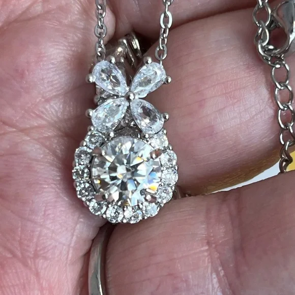 Dazzling Silver Moissanite 2ctw Center Pendant Necklace with Bow Accent - Picture 1 of 4